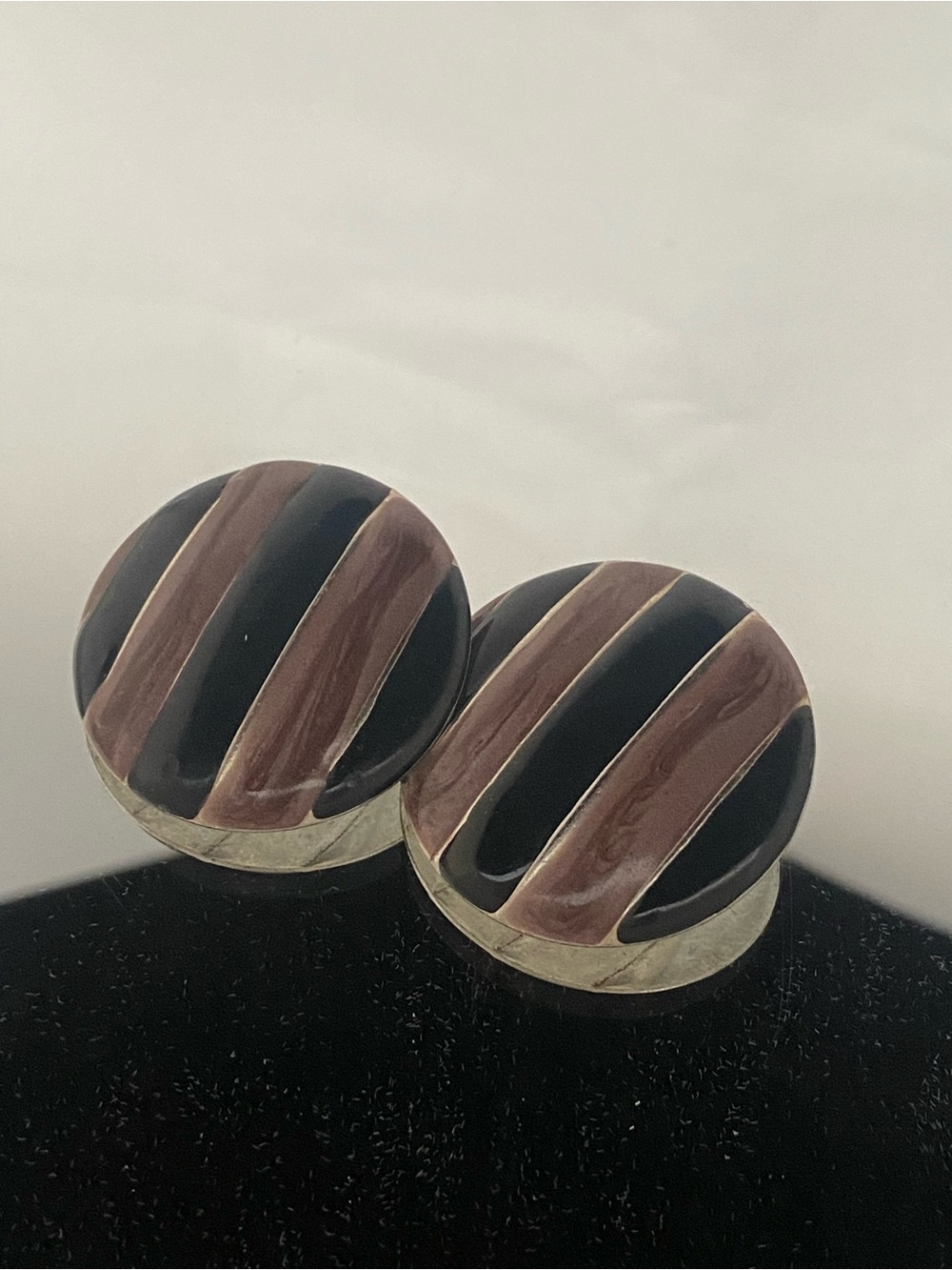 Source Unknown Black and Brown Striped Round Clip-On Earrings